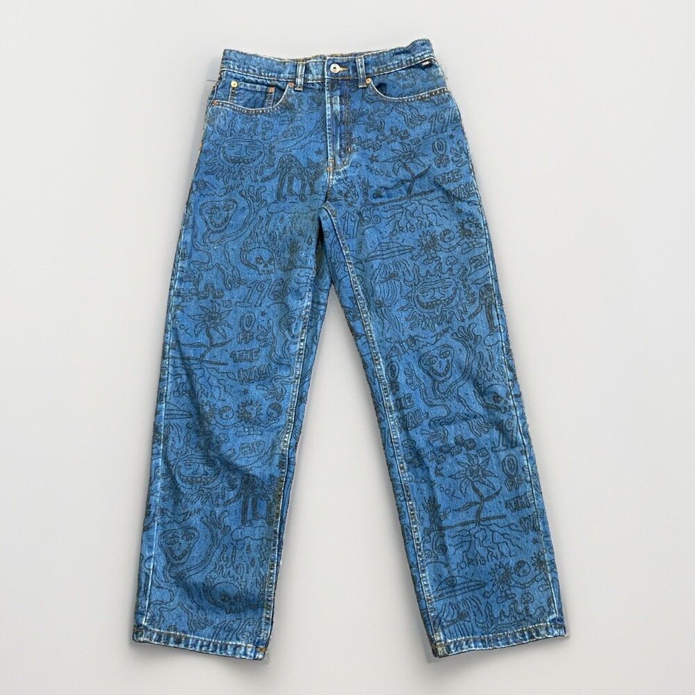 Vans Check-5 Loose Fit Doodle Graphic Print Blue Denim Jeans Mens 29 x 30